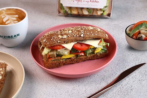 ROASTED VEGGIES N PESTO + HOT CAPPUCCINO