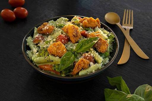 Pasta Al Pesto Popcorn Chicken