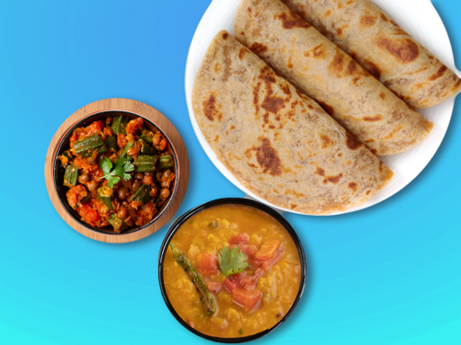 Yellow Dal Tadka, Bhindi Chana, Paratha Plus Thali
