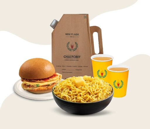 Classic Butter Desi Noodles + Bun Omelette + Ginger Chai Miniflask